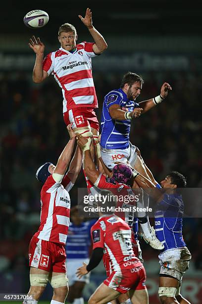 James Hudson of Gloucester wins the ball from Hugues Briatte of Brive during the European Rugby Challenge Cup Pool 5 match between Gloucester Rugby...