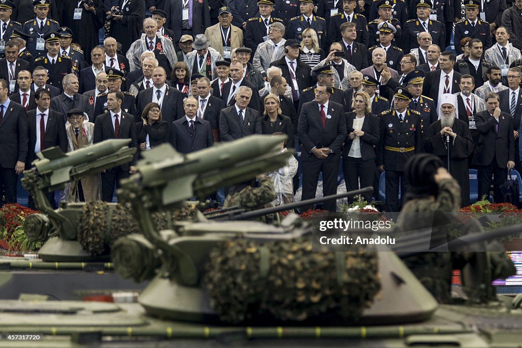 Russian President Vladimir Putin attends the Serbia military parade