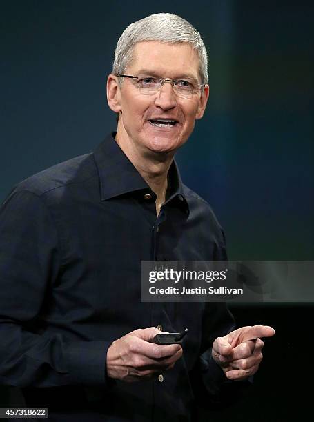 Apple CEO Tim Cook speaks during an Apple special event on October 16, 2014 in Cupertino, California. Apple unveiled the new iPad Air 2 and iPad mini...