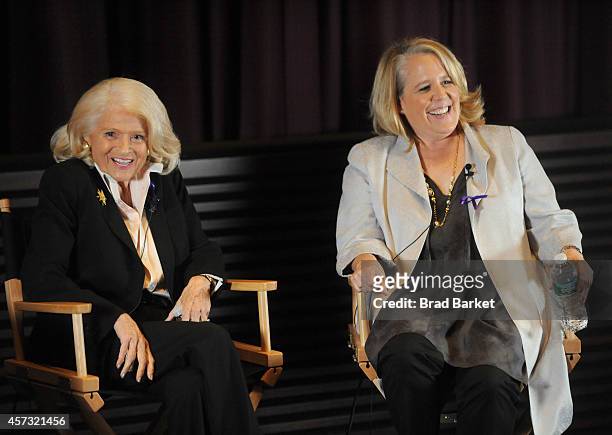 Edie Windsor and Roberta Kaplan speak onstage during the Pioneer's Speakers Series at Paramount Screening Room at the Viacom Building on October 16,...