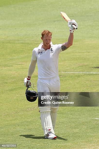 Ben Stokes of England celebrates making a century during day five of the Third Ashes Test Match between Australia and England at WACA on December 17,...