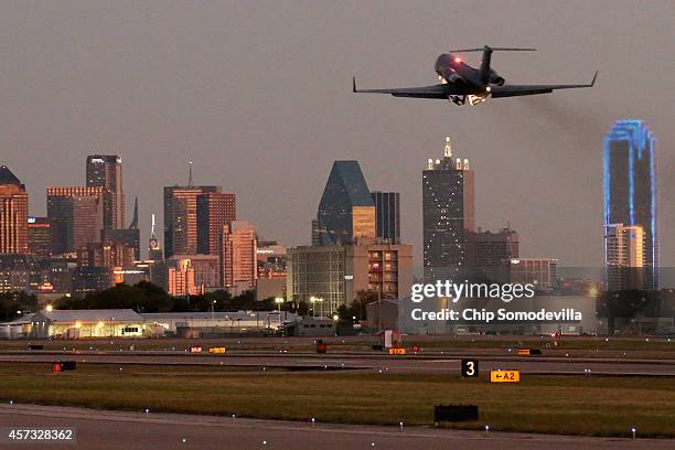 The airplane carrying Texas Health Presybterian Hospital nurse and Ebola patient Nina Pham takes off from Love Field airport October 16, 2014 in...