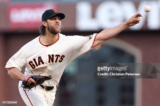 Madison Bumgarner of the San Francisco Giants pitches in the second inning while taking on the St. Louis Cardinals during Game Five of the National...