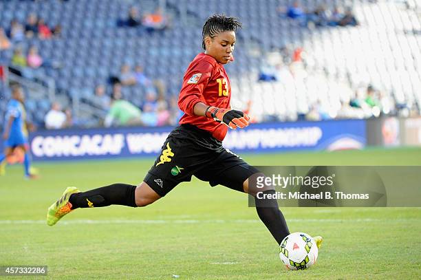 Goalie Nicole McClure of Jamaica clears the ball against Martinique during the CONCACAF Women's Championship USA 2014 at Sporting Park on October 16,...