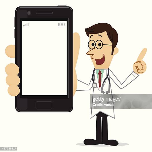 ilustrações de stock, clip art, desenhos animados e ícones de médico segurando um smartphone - telemóvel feliz trabalho standing