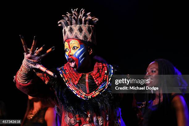 Performers from the musical The Lion King sing on stage at the 10th anniversary celebration of The Million Dollar Lunch at the Park Hyatt on October...