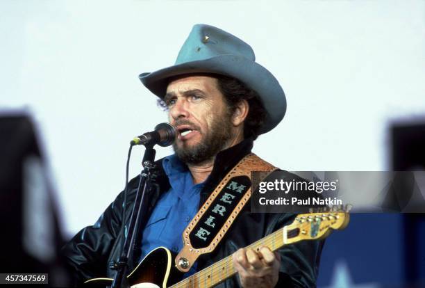 Singer and musician Merle Haggard performs, Champaign, Illinois, September 22, 1985.