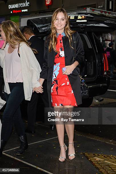 Actress Liana Liberato enters the "Today Show" taping at the NBC Rockefeller Center Studios on October 16, 2014 in New York City.