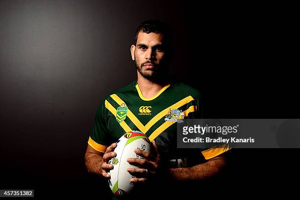 Greg Inglis poses for a photo during an Australian Kangaroos Four Nations media session at the Sofitel Hotel on October 17, 2014 in Brisbane,...