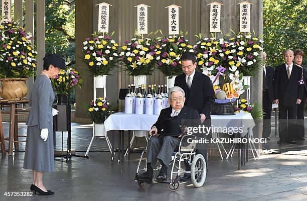 Japanese Prince Hitachi and Princess Hanako attend the annual autumn memorial service at Tokyo's Chidorigafuchi National Cemetery on October 17,...