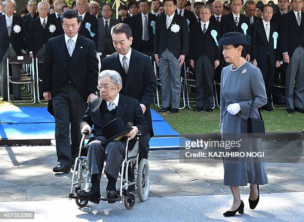 Japanese Prince Hitachi and Princess Hanako attend the annual autumn memorial service at Tokyo's Chidorigafuchi National Cemetery on October 17,...
