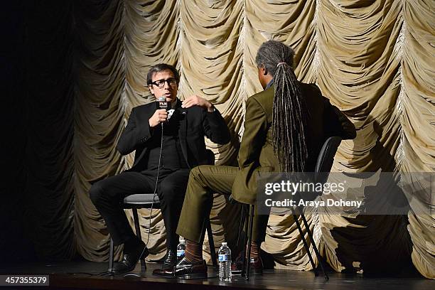 David O. Russell and Elvis Mitchell attend the Film Independent at LACMA screening & Q+A of American Hustle at Bing Theatre At LACMA on December 16,...