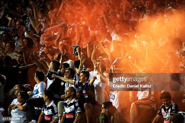 Victory fans are pictured during the round two A-League match between Adelaide United and Melbourne Victory at Adelaide Oval on October 17, 2014 in...