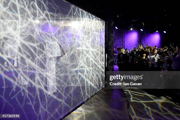 General view of a video displayed at the Ekria + White Posture presentation during Mercedes Benz Fashion Week Istanbul SS15 at Antrepo 3 on October...