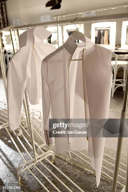 General view backstage at the Ekria + White Posture presentation during Mercedes Benz Fashion Week Istanbul SS15 at Antrepo 3 on October 17, 2014 in...