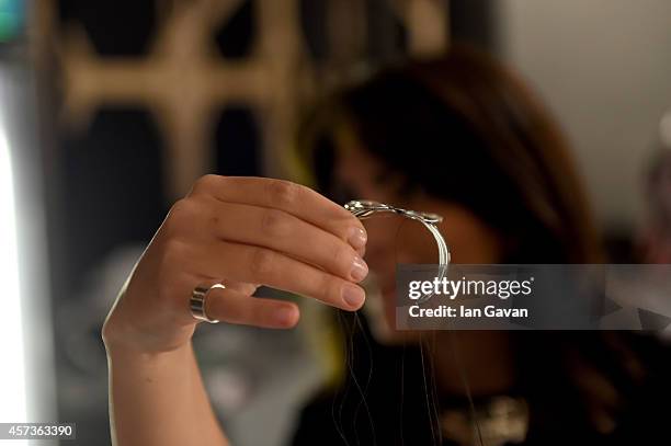 General view backstage at the Ekria + White Posture presentation during Mercedes Benz Fashion Week Istanbul SS15 at Antrepo 3 on October 17, 2014 in...