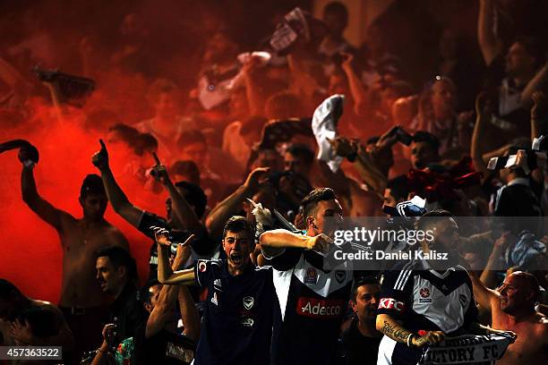 Victory fans are seen during the round two A-League match between Adelaide United and Melbourne Victory at Adelaide Oval on October 17, 2014 in...