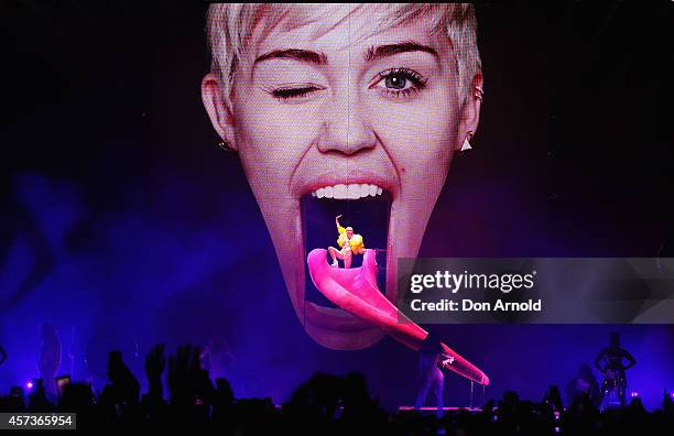 Miley Cyrus performs her Bangerz Tour live at Allphones Arena on October 17, 2014 in Sydney, Australia.