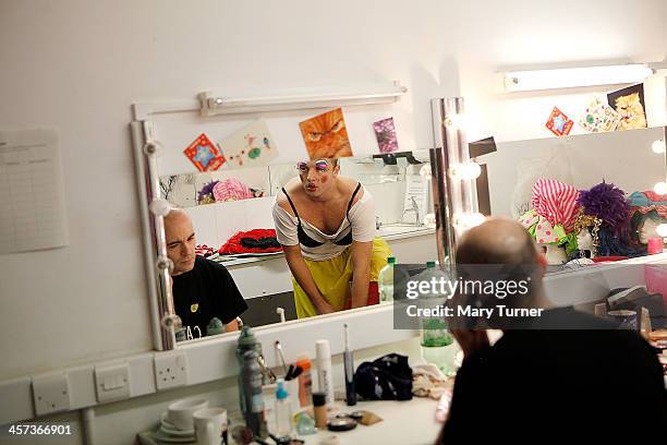 Pantomime Dame Steve Wickenden in his dressing room as he transforms himself into Sarah The Cook at Millfield Arts Centre on December 4, 2013 in...
