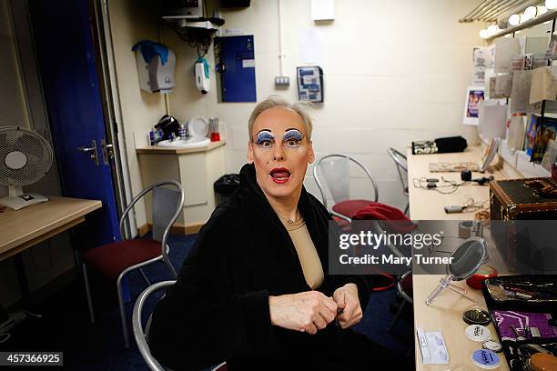Pantomime Dame Nigel Ellacott in his dressing room at Venue Cymru Theatre where he is performing as Queen Blodwyn on December 14, 2013 in Llandudno,...