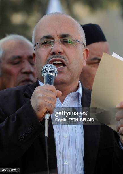 Tunisian Islamist party Hizb At-Tahrir's spokesman Ridha Belhaj speaks during a gathering to mark the third anniversary of the uprising that toppled...