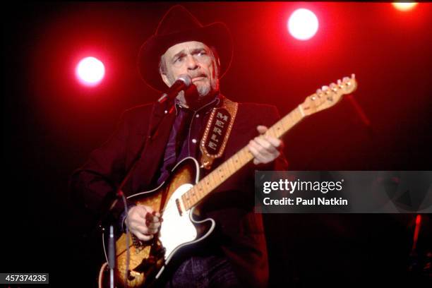 Singer and musician Merle Haggard performs, Chicago, Illinois, October 27, 1996.