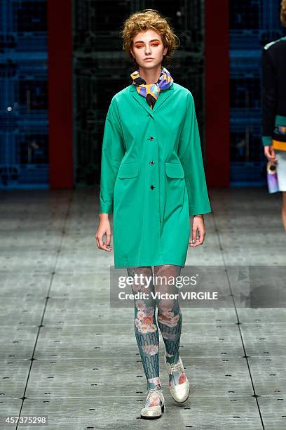 Model walks the runway during the IN-PROCESS BY HALL OHARA show as part of Mercedes Benz Fashion Week TOKYO 2015 S/S on October 16, 2014 in Tokyo,...