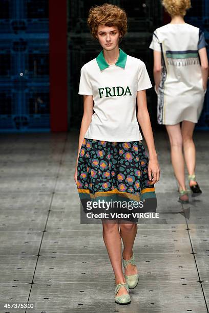 Model walks the runway during the IN-PROCESS BY HALL OHARA show as part of Mercedes Benz Fashion Week TOKYO 2015 S/S on October 16, 2014 in Tokyo,...