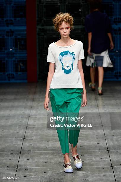 Model walks the runway during the IN-PROCESS BY HALL OHARA show as part of Mercedes Benz Fashion Week TOKYO 2015 S/S on October 16, 2014 in Tokyo,...