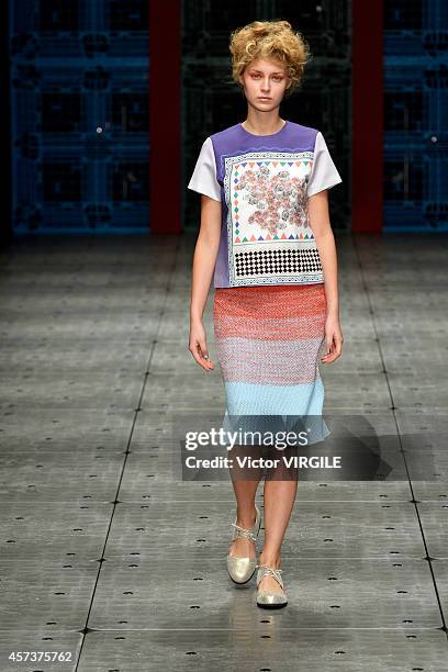 Model walks the runway during the IN-PROCESS BY HALL OHARA show as part of Mercedes Benz Fashion Week TOKYO 2015 S/S on October 16, 2014 in Tokyo,...