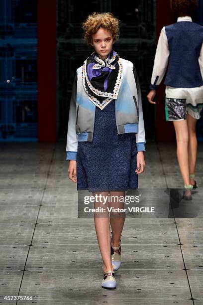 Model walks the runway during the IN-PROCESS BY HALL OHARA show as part of Mercedes Benz Fashion Week TOKYO 2015 S/S on October 16, 2014 in Tokyo,...