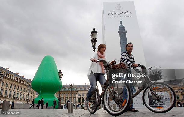 View of 'Tree', Paul Mc Carthy's monumental artwork which has been erected at Place Vendome on October 17, 2014 in Paris, France. This installation...