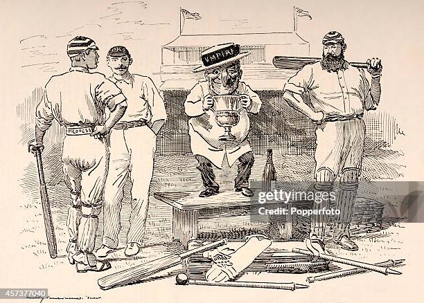 Vintage illustration from "Punch" featuring, left to right, Albert Trott, Robert Abel, Mr Punch, , and Dr WG Grace , published in London on 22nd...