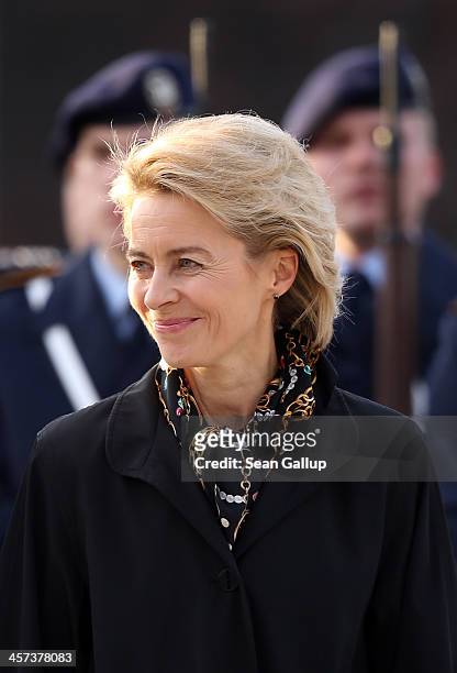 New German Defense Minister Ursula von der Leyen reviews soldiers of the Bundeswehr shortly after she took office at the Defense Ministry on the day...