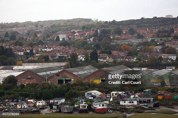 General view of shipyards and houses in Strood on October 17, 2014 from Rochester Castle in Rochester, England. Rochester and Strood will hold a...
