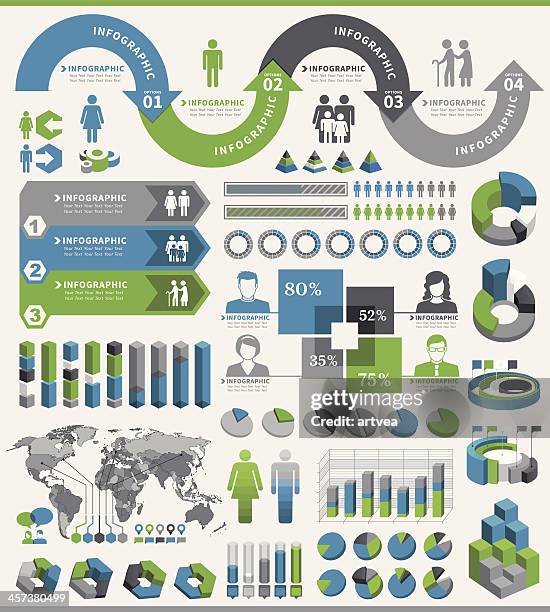 illustrazioni stock, clip art, cartoni animati e icone di tendenza di tricolor infografica elementi su sfondo bianco - demografia