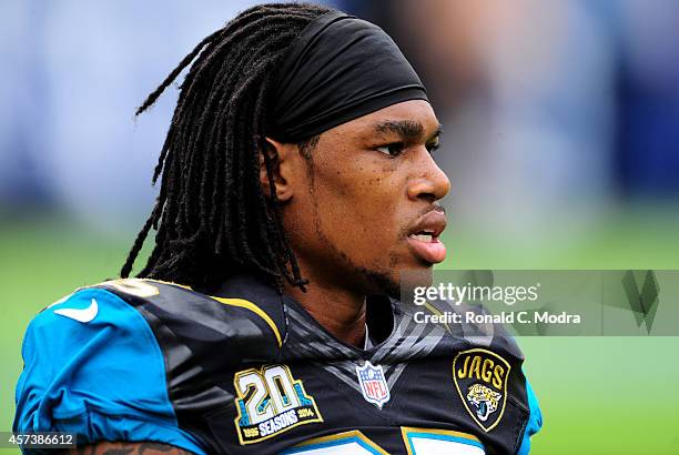 Demetrius McCray of the Jacksonville Jaguars looks on during a NFL game against the Tennessee Titans at LP Field on October 12, 2014 in Nashville,...