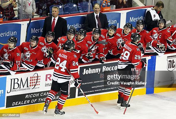 The Niagara Ice Dogs celebrate the second goal of the game by Brian Brosnan in an OHL game between the Belleville Bulls and the Niagara Ice Dogs at...