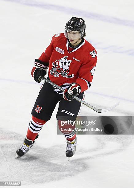 Vince Dunn of the Niagara Ice Dogs skates during an OHL game between the Belleville Bulls and the Niagara Ice Dogs at the Meridian Centre on October...