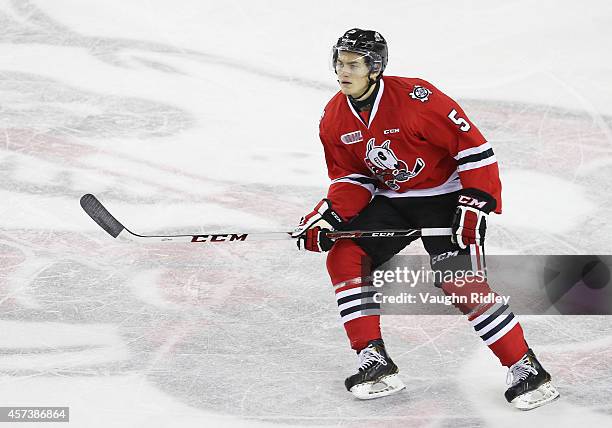 Blake Siebenaler of the Niagara Ice Dogs skates during an OHL game between the Belleville Bulls and the Niagara Ice Dogs at the Meridian Centre on...