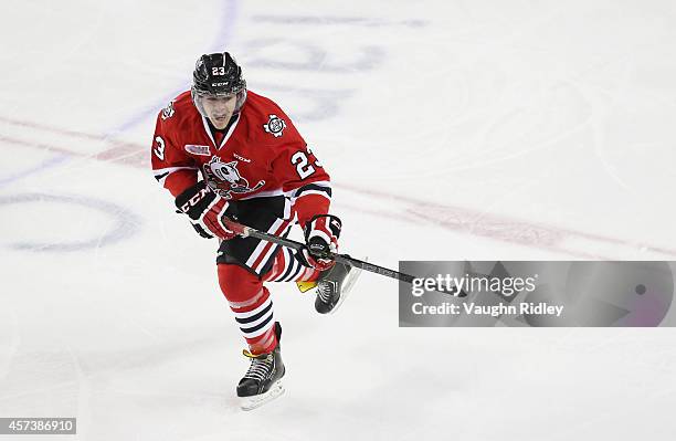 Johnny Corneil of the Niagara Ice Dogs skates during an OHL game between the Belleville Bulls and the Niagara Ice Dogs at the Meridian Centre on...