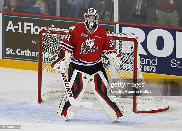 Brent Moran of the Niagara Ice Dogs during an OHL game between the Belleville Bulls and the Niagara Ice Dogs at the Meridian Centre on October 16,...