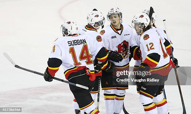 Jordan Subban of the Belleville Bulls celebrates a goal with teammates during an OHL game against the Niagara Ice Dogs at the Meridian Centre on...