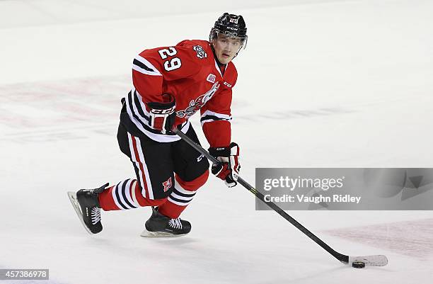 Aleksandar Mikulovich of the Niagara Ice Dogs skates during an OHL game between the Belleville Bulls and the Niagara Ice Dogs at the Meridian Centre...