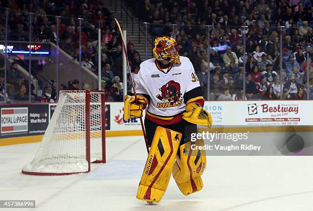 Charlie Graham of the Belleville Bulls during an OHL game against the Niagara Ice Dogs at the Meridian Centre on October 16, 2014 in St Catharines,...