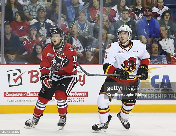 Justin Lemcke of the Belleville Bulls and Anthony DiFruscia of the Niagara Ice Dogs look on during an OHL game between the Belleville Bulls and the...