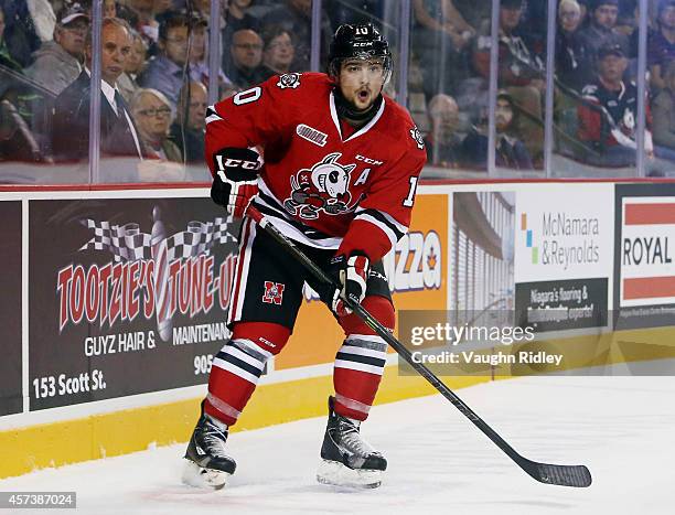 Anthony DiFruscia of the Niagara Ice Dogs skates during an OHL game between the Belleville Bulls and the Niagara Ice Dogs at the Meridian Centre on...