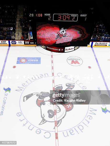 The Niagara Ice Dogs logo on the ice during an OHL game between the Belleville Bulls and the Niagara Ice Dogs at the Meridian Centre on October 16,...