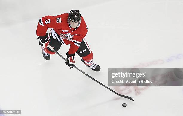 Brian Brosnan of the Niagara Ice Dogs skates during an OHL game between the Belleville Bulls and the Niagara Ice Dogs at the Meridian Centre on...