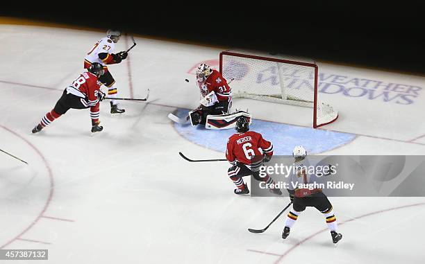 Maurizio Colella of the Belleville Bulls shoots and Brent Moran of the Niagara Ice Dogs makes a save during an OHL game between the Belleville Bulls...